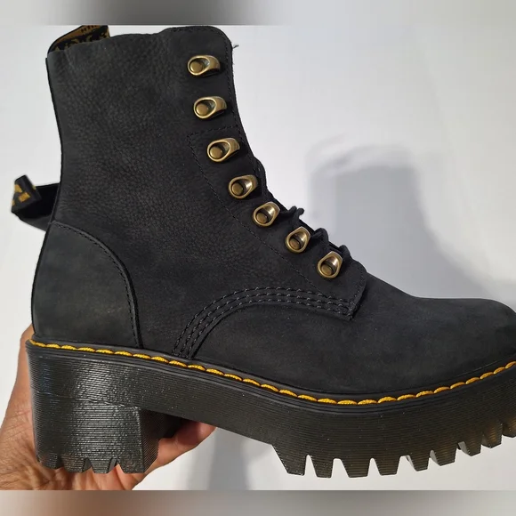 💎NWOB Dr. Martens "Leona" Black Suede Combat Heeled Boots - Picture 8 of 16